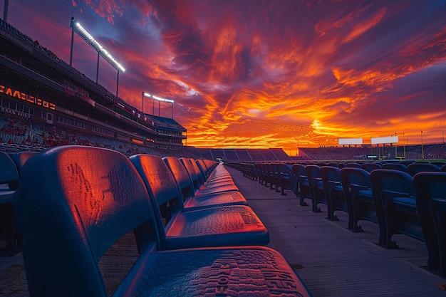 View of empty soccer stadium with fantasy and dreamy sky