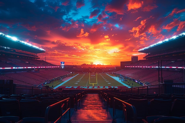 View of empty soccer stadium with fantasy and dreamy sky