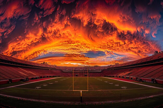 View of empty soccer stadium with fantasy and dreamy sky