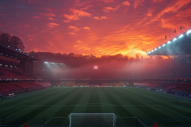 View of empty soccer stadium with fantasy and dreamy sky