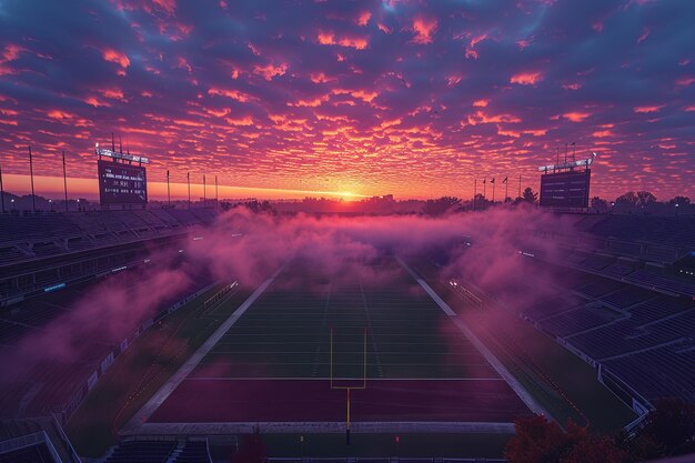 View of empty soccer stadium with fantasy and dreamy sky