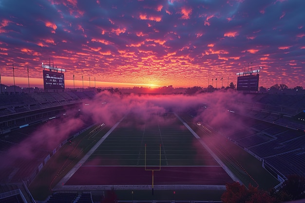 View of empty soccer stadium with fantasy and dreamy sky