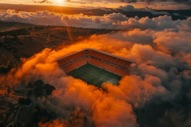 View of empty soccer stadium with fantasy and dreamy sky