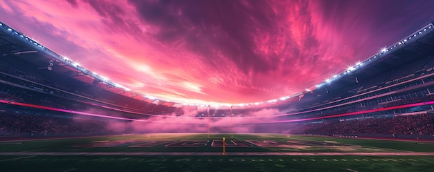 View of empty soccer stadium with fantasy and dreamy sky