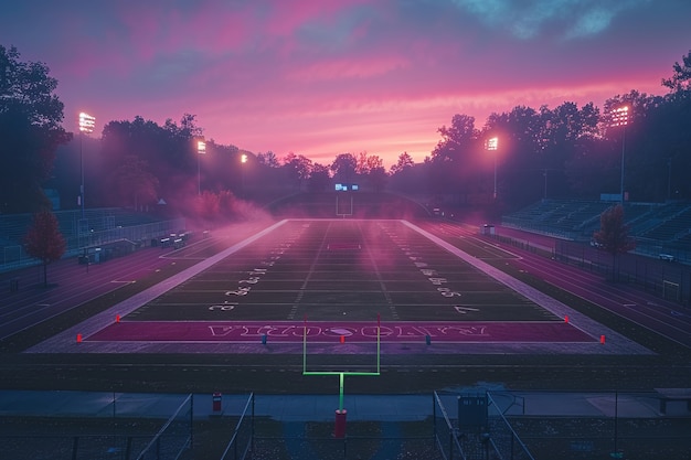 View of empty soccer stadium with fantasy and dreamy sky