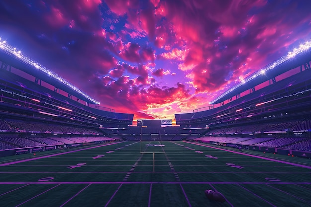 View of empty soccer stadium with fantasy and dreamy sky