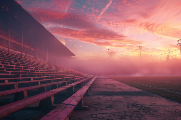 View of empty soccer stadium with fantasy and dreamy sky