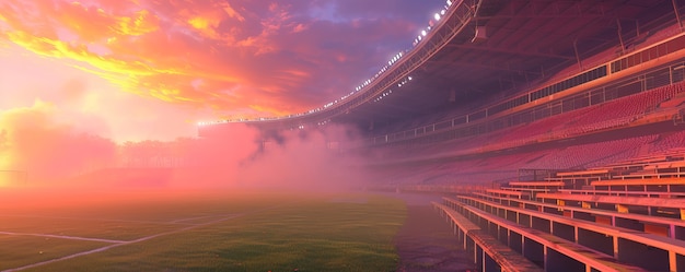 Free Photo view of empty soccer stadium with fantasy and dreamy sky