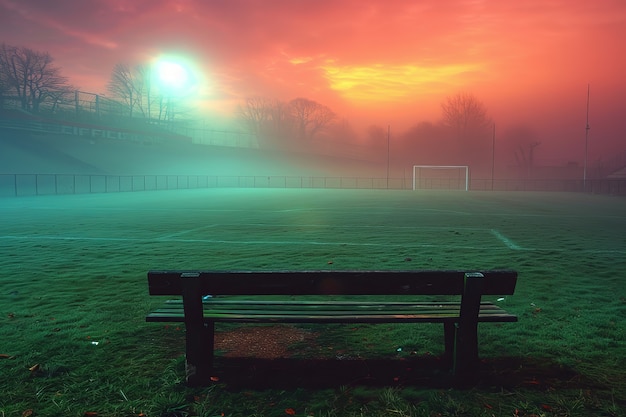 View of empty soccer stadium with fantasy and dreamy sky