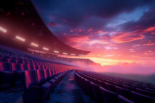 Free Photo view of empty soccer stadium with fantasy and dreamy sky