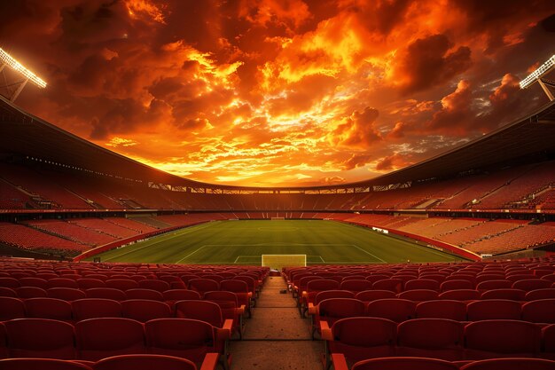 View of empty soccer stadium with fantasy and dreamy sky