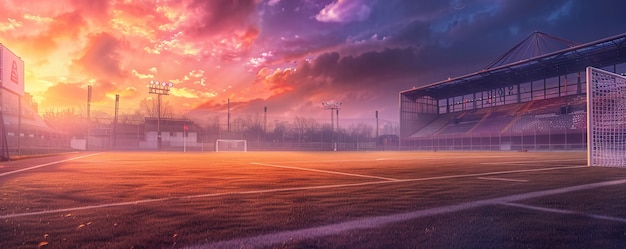 Free photo view of empty soccer stadium with fantasy and dreamy sky