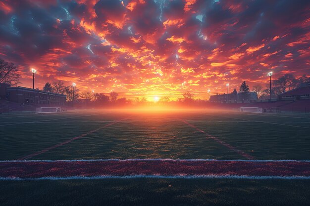 View of empty soccer stadium with fantasy and dreamy sky