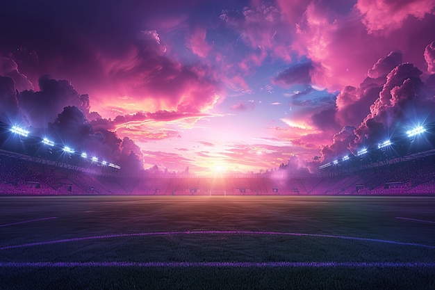 View of empty soccer stadium with fantasy and dreamy sky