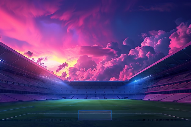 View of empty soccer stadium with fantasy and dreamy sky