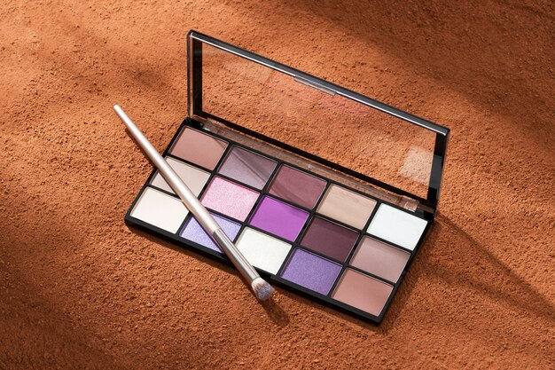 View of eyeshadow palette with cosmetic powder