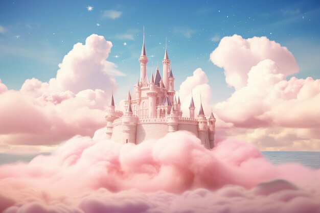 View of fairytale castle with pink clouds