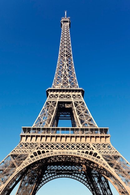 View of the famous Eiffel tower with blue sky in Paris