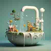 Free photo view of fantasy landscape with surreal running water tap for world water day awareness