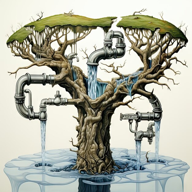 View of fantasy tap with running water and surreal landscape for world water day awareness