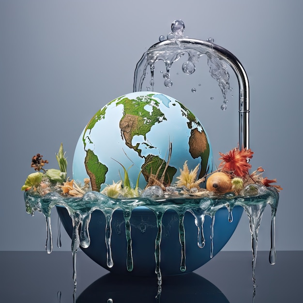 Free photo view of fantasy tap with running water and surreal landscape for world water day awareness