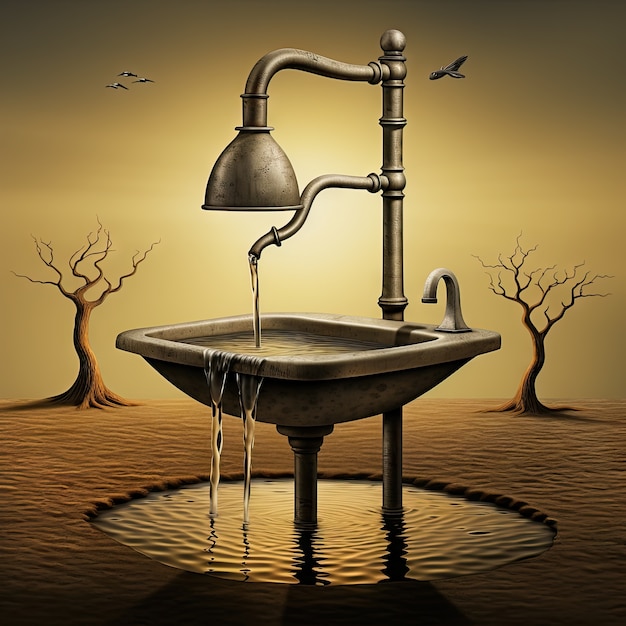 Free photo view of fantasy tap with running water and surreal landscape for world water day awareness