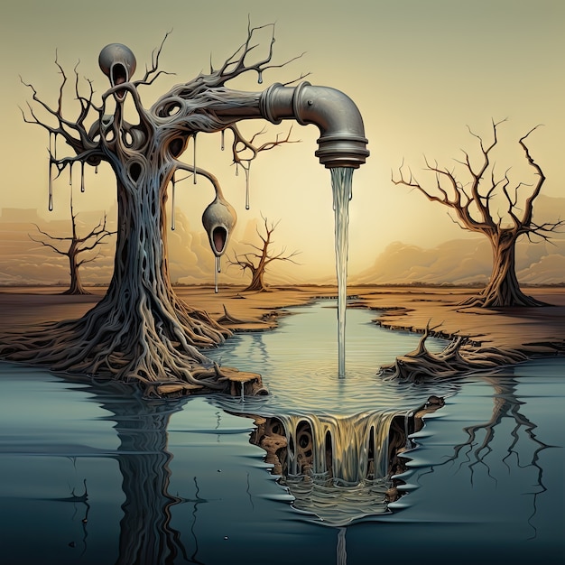 View of fantasy tap with running water and surreal landscape for world water day awareness