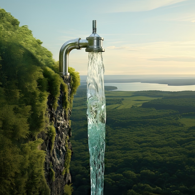 View of fantasy tap with running water and surreal landscape for world water day awareness