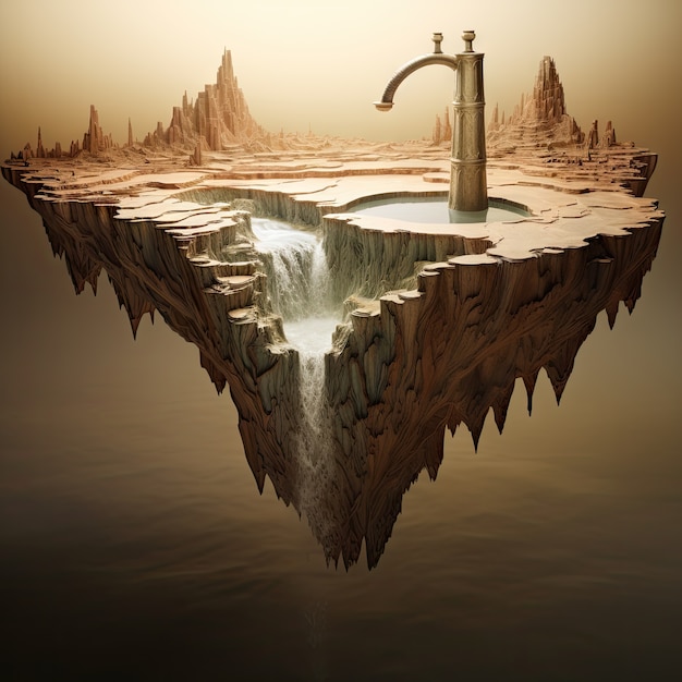 Free photo view of fantasy tap with running water and surreal landscape for world water day awareness