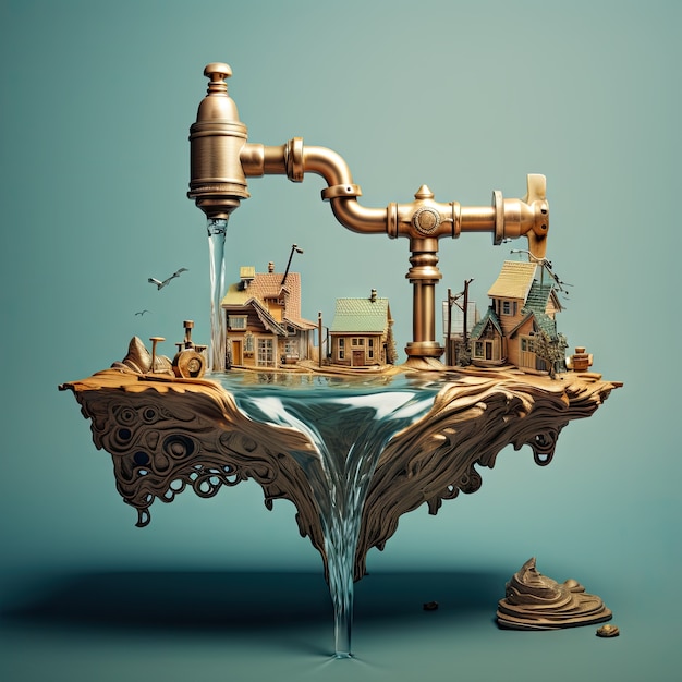 Free Photo view of fantasy tap with running water and surreal landscape for world water day awareness