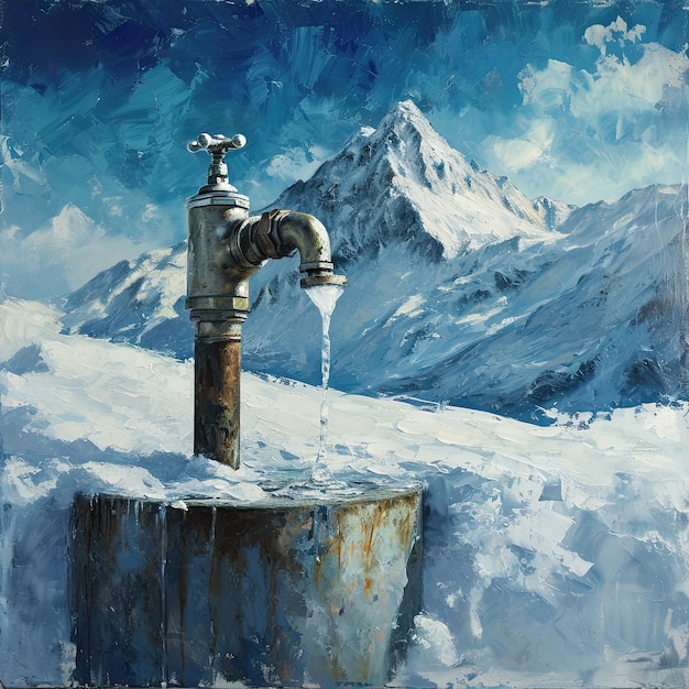 Free photo view of fantasy tap with running water and surreal landscape for world water day awareness