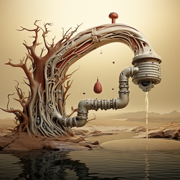 Free Photo view of fantasy tap with running water and surreal landscape for world water day awareness