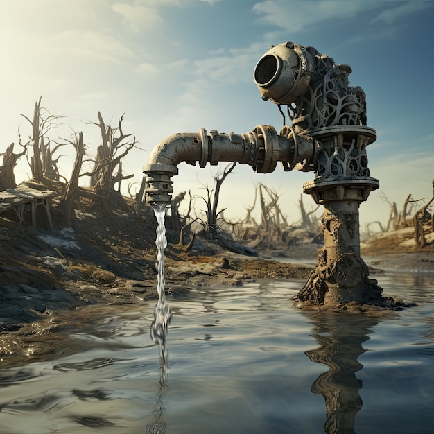 Free photo view of fantasy tap with running water and surreal landscape for world water day awareness