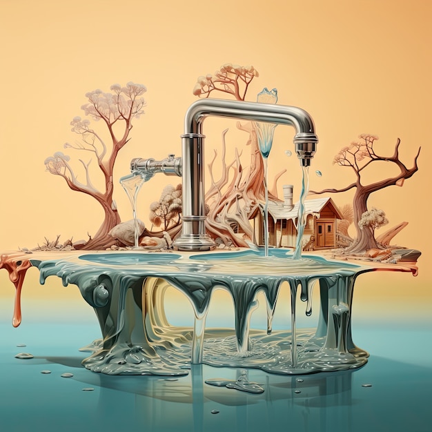 Free Photo view of fantasy tap with running water and surreal landscape for world water day awareness