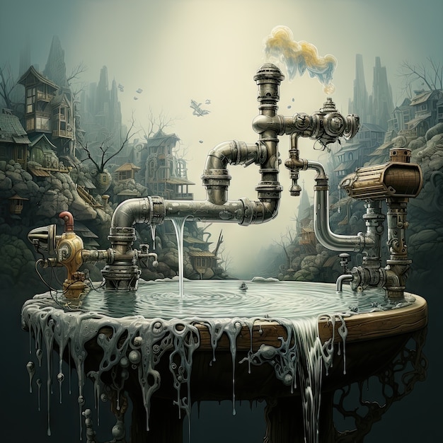 Free photo view of fantasy tap with running water and surreal landscape for world water day awareness