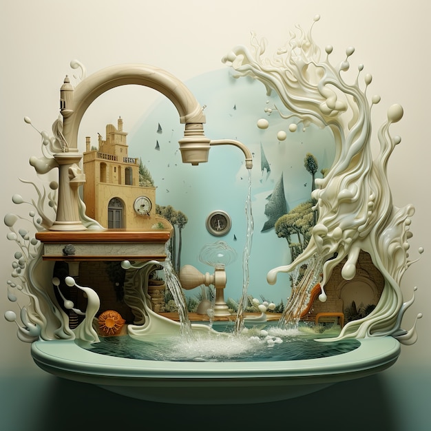 Free Photo view of fantasy tap with running water and surreal landscape for world water day awareness