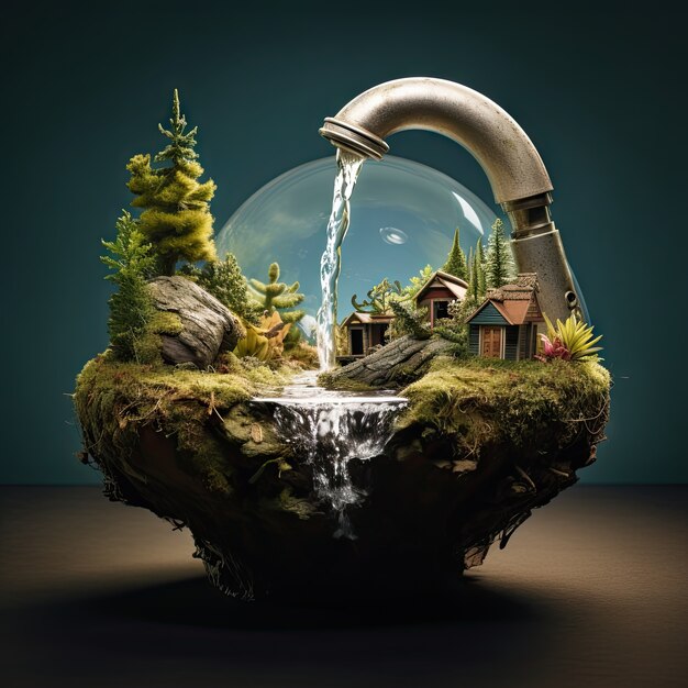 Free Photo view of fantasy tap with running water and surreal landscape for world water day awareness