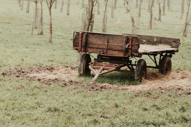 Free photo view of farm cart to be hooked to a tractor in the field