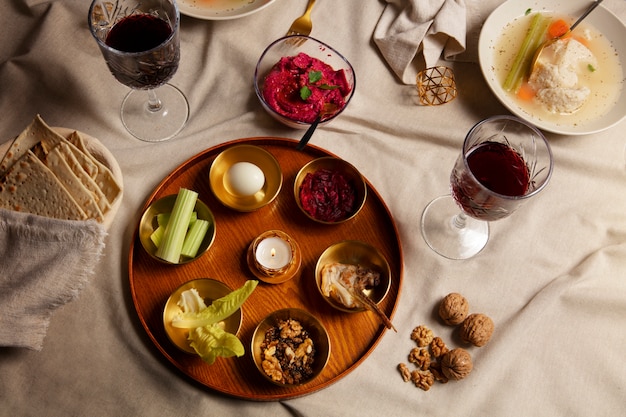 View of feast at the table for the first day of passover seder