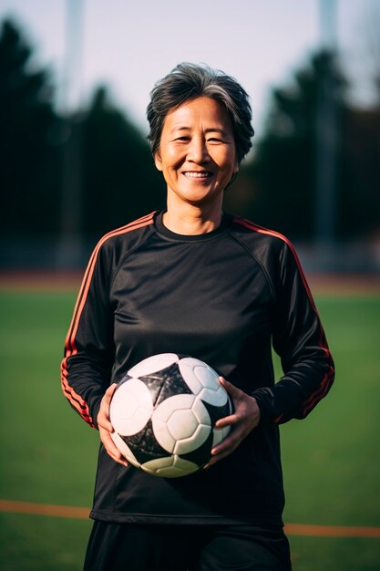 View of female soccer player holding ball