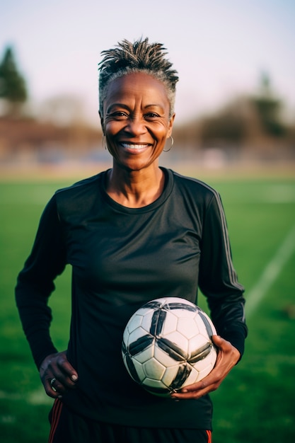 View of female soccer player holding ball