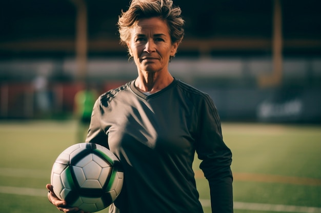 View of female soccer player holding ball