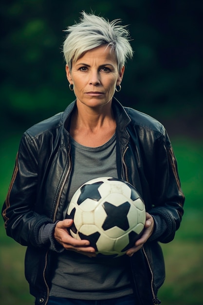 View of female soccer player holding ball