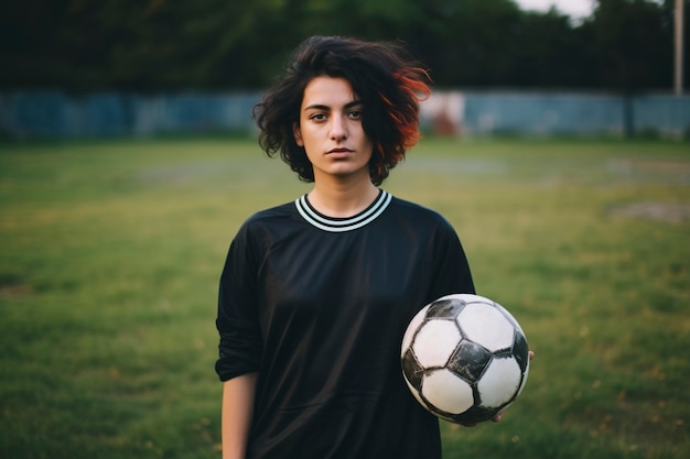 Free photo view of female soccer player holding ball