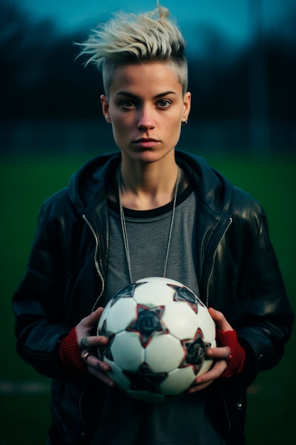 Free photo view of female soccer player holding ball