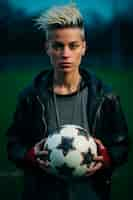 Free photo view of female soccer player holding ball