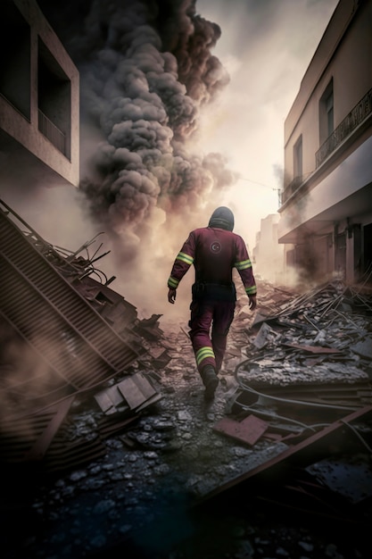 Free Photo view of firefighter rescuer among affected buildings after an earthquake