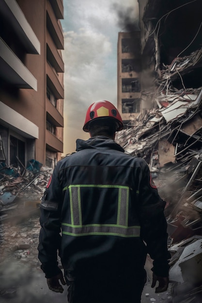 View of firefighter rescuer among affected buildings after an earthquake