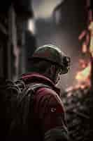 Free photo view of firefighter rescuer among affected buildings after an earthquake