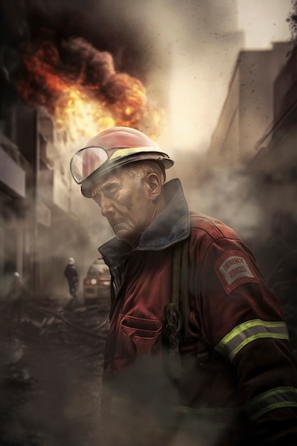 Free photo view of firefighter rescuer among affected buildings after an earthquake